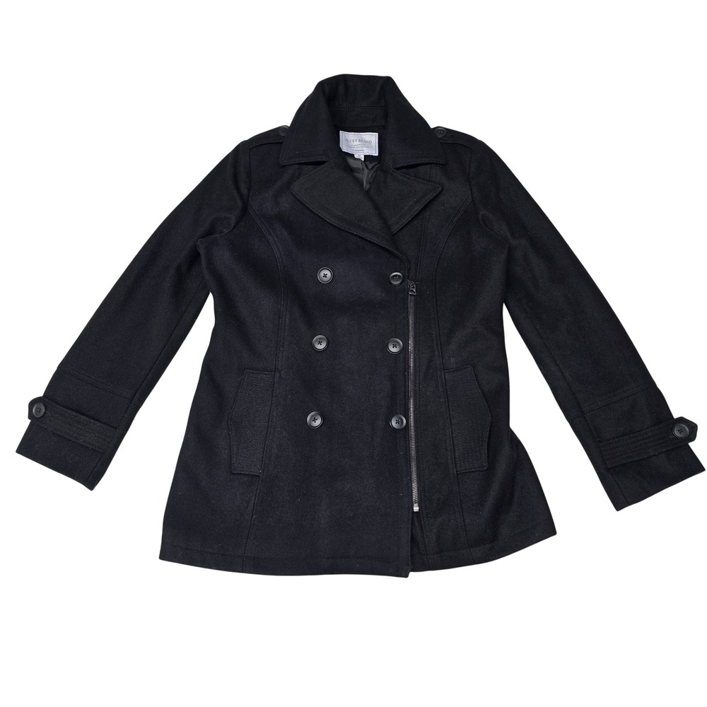 Lucky Brand Womens Black Wool Blend Double Breasted Pea Coat Side Zip Jacket M